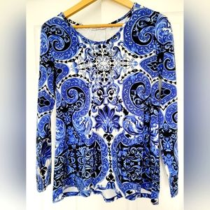 Isaac Mizrahi Live Long Sleeve Top Stretch Cotton Majolica Paisley Blue&White S